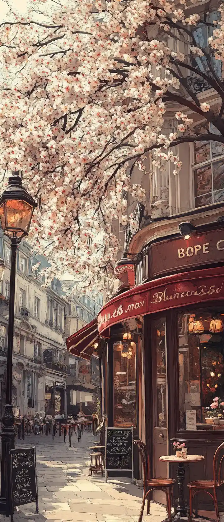 Melo in fiore che si incurva sopra un tranquillo caffè di Londra