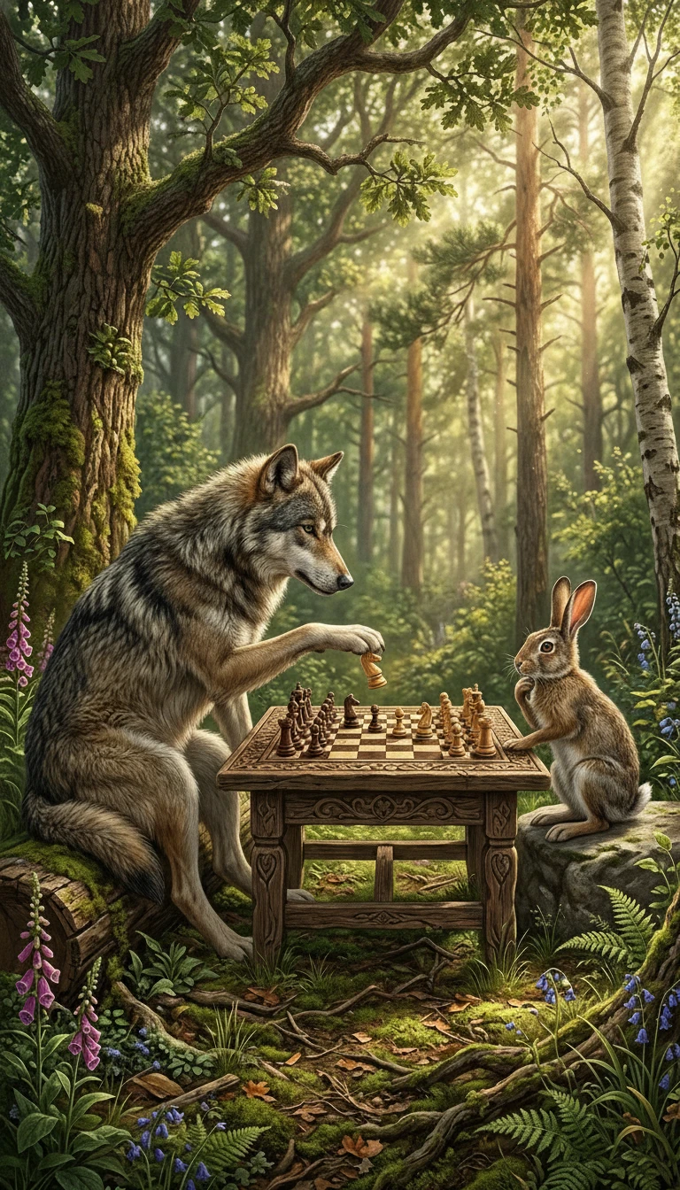 Lobo e Coelho Jogando Xadrez em Uma Clareira Ensoralada na Floresta