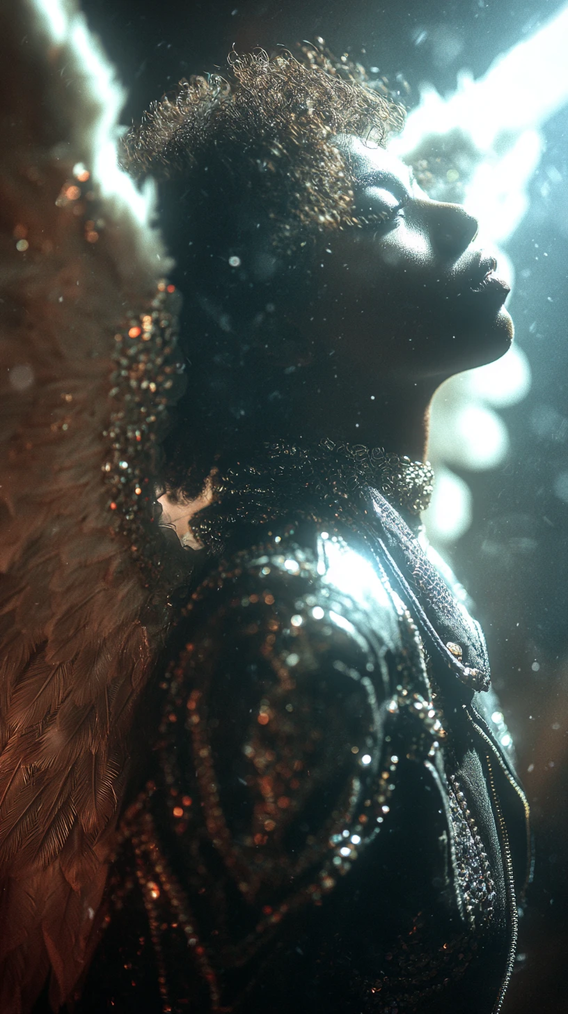 Anjo sombrio afrofuturista emergindo de sombras cósmicas iluminadas por estrelas