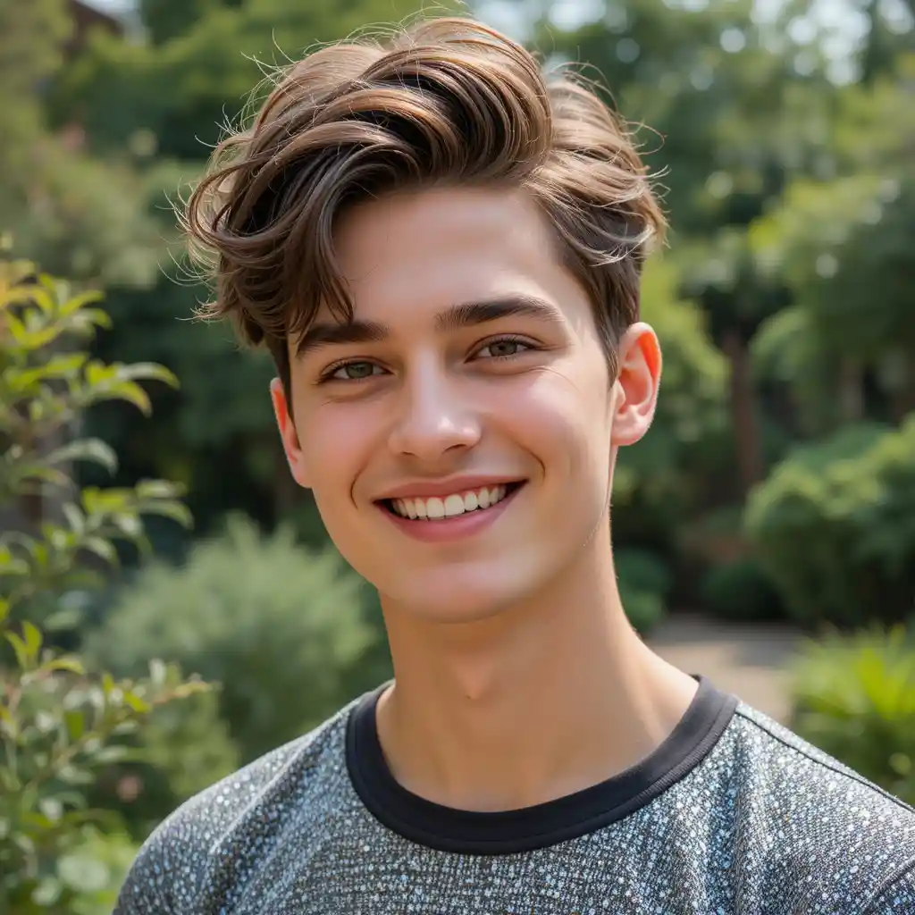 Smiling young man standing in a garden in striped jeans