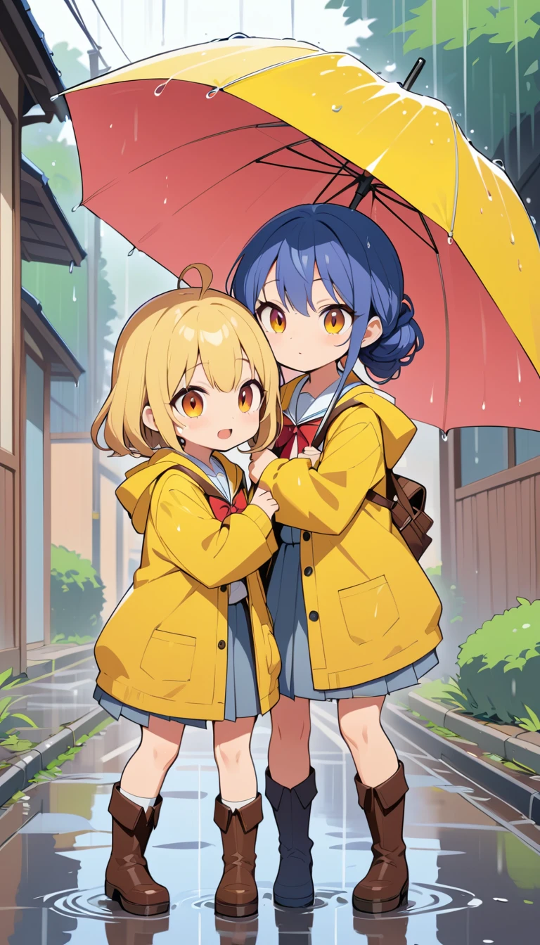Anime-Schwestern teilen sich einen Regenschirm auf einer regnerischen Straße