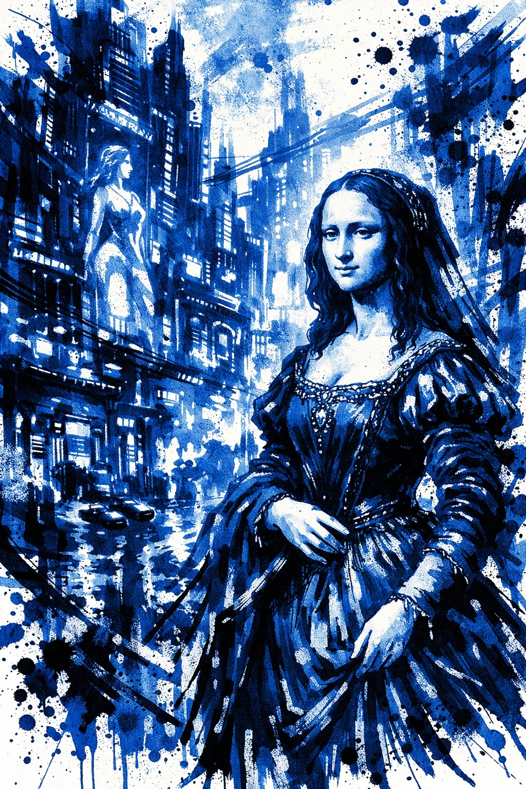 Mujer renacentista en tinta azul vagando por ciudad cyberpunk