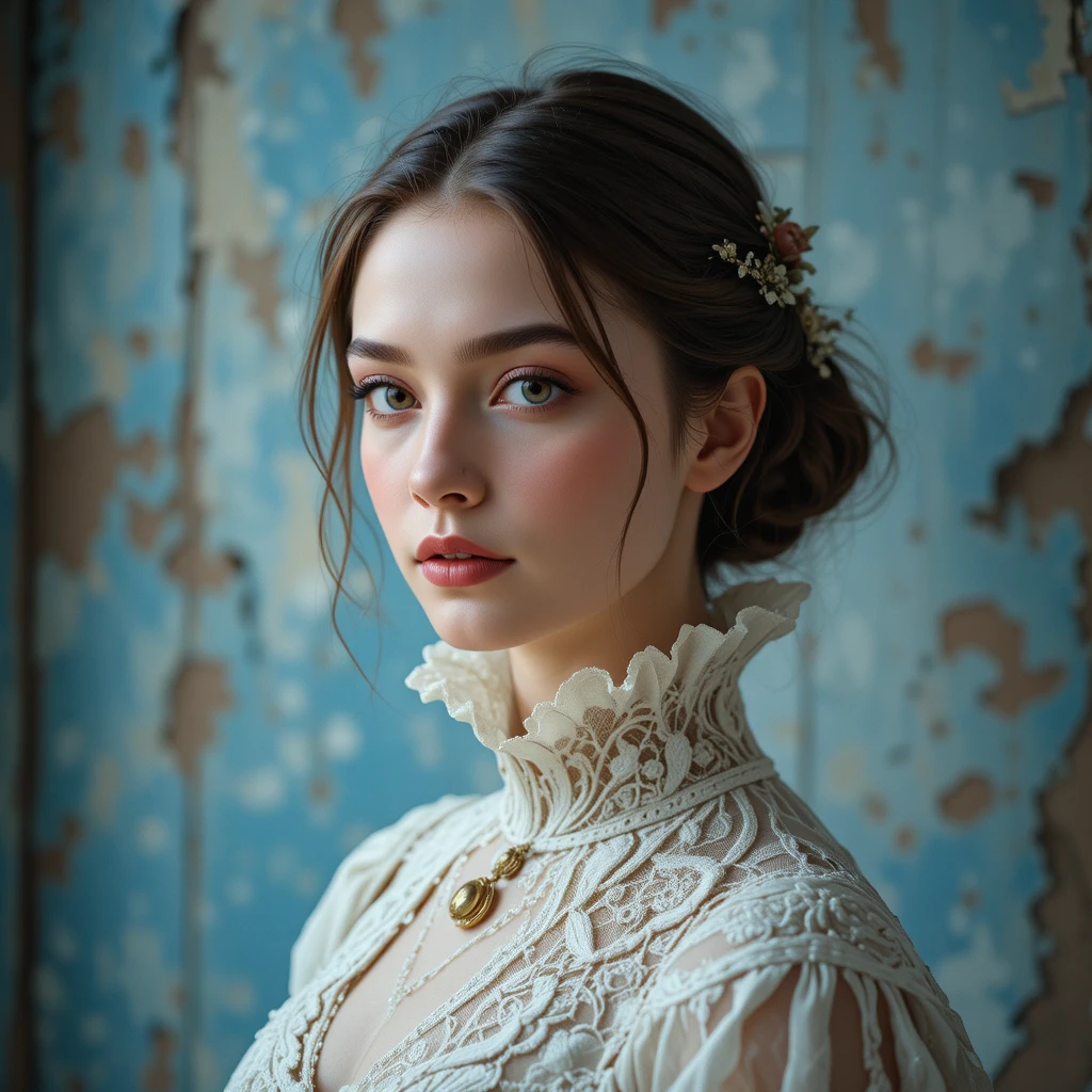 Portrait victorien en dentelle d’une jeune femme en robe blanche