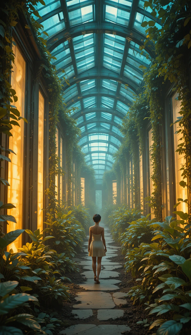 Solarpunk greenhouse interior with lush living walls