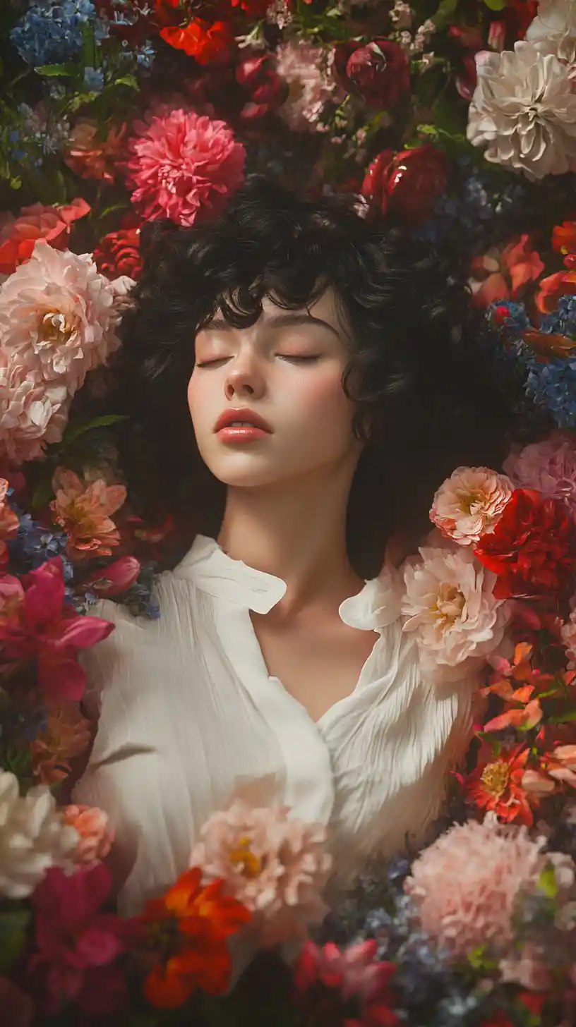 鮮やかな色彩の花々に囲まれた白いブラウスの女性