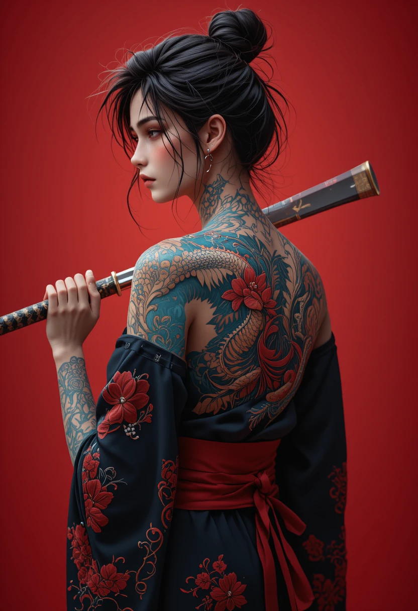 Tattooed woman in kimono holding katana against red backdrop