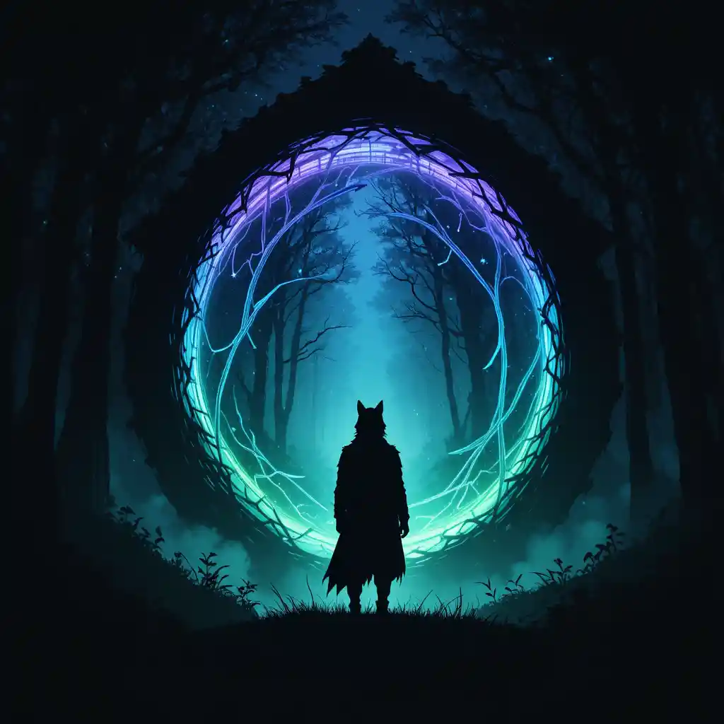 Lobo solitário diante de um portal brilhante em floresta encantada sombria