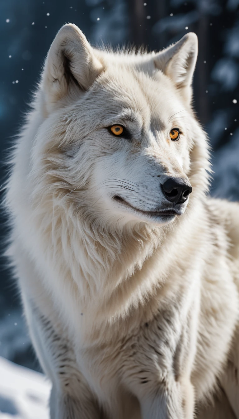 Retrato de lobo ártico branco contra picos de montanhas nevadas
