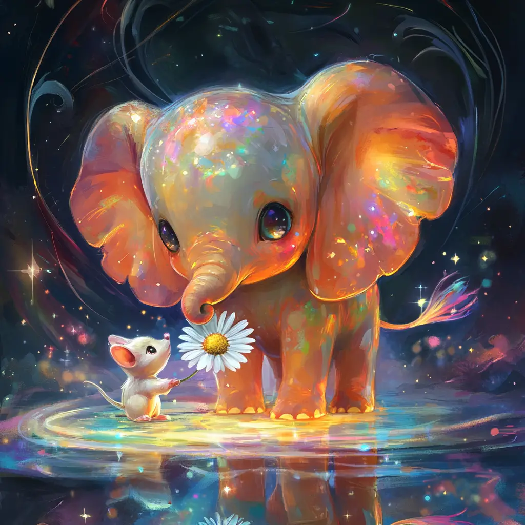 Chibi-Elefant mit leuchtenden Farben in surrealer Traumlandschaft