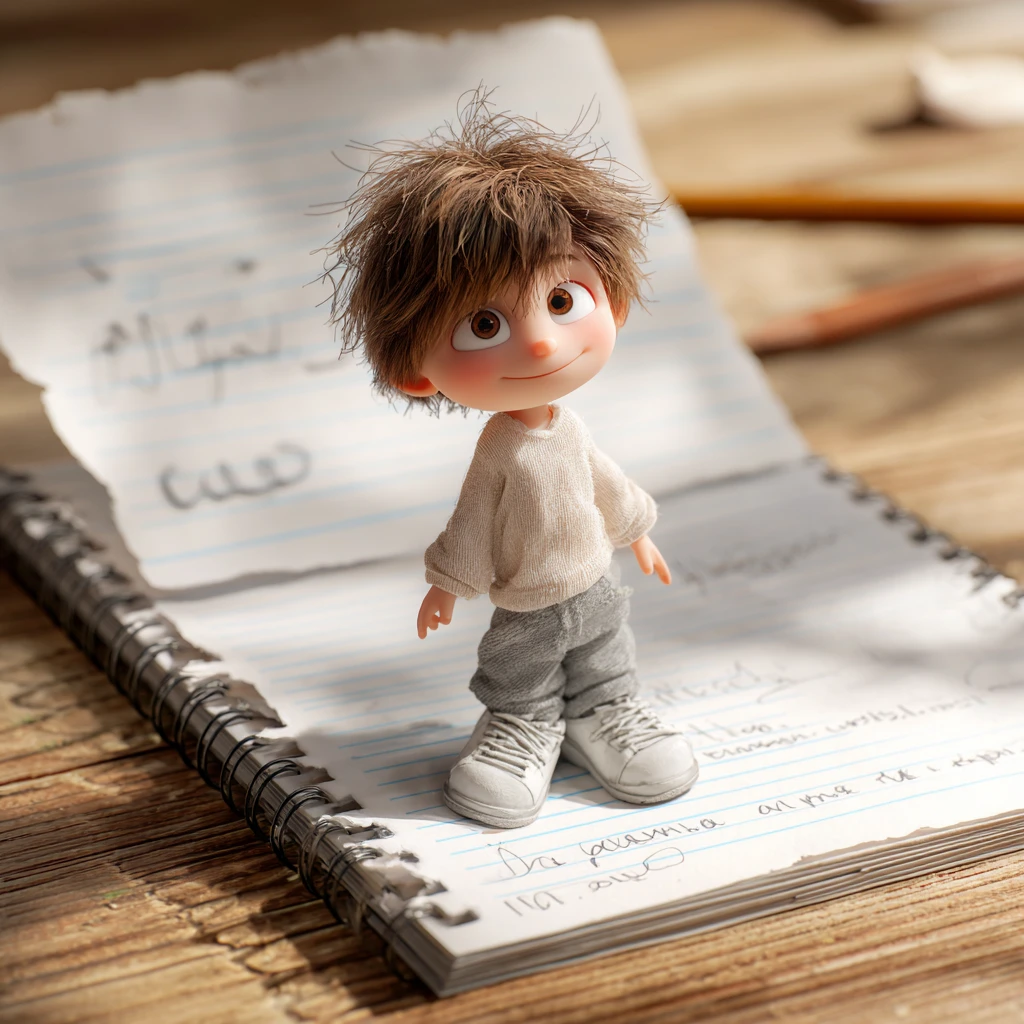 Tierno niño 3D saliendo de un cuaderno de espiral sobre escritorio de madera