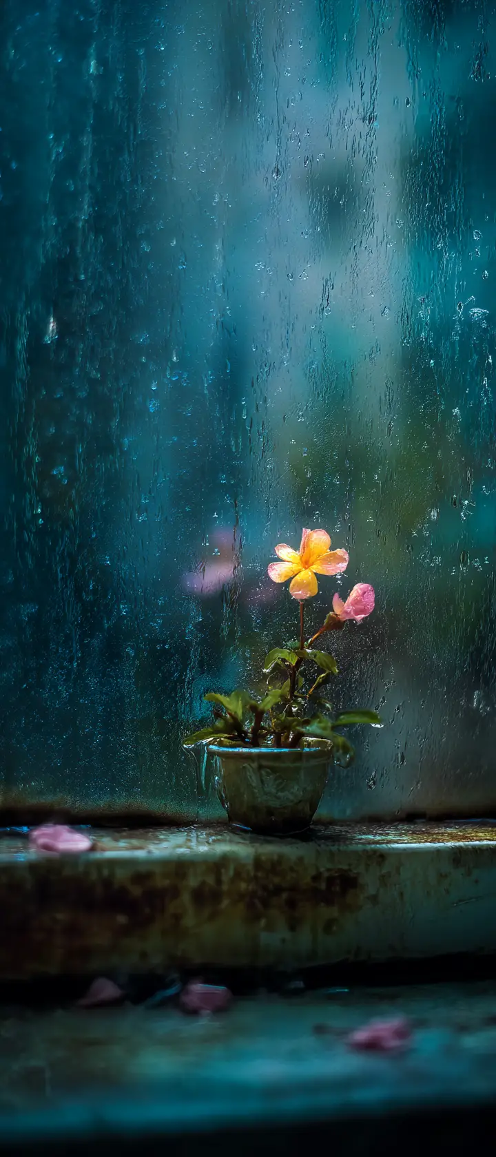 Regentropfen, der eine einzelne Blume auf stürmischer Fensterbank wiegt
