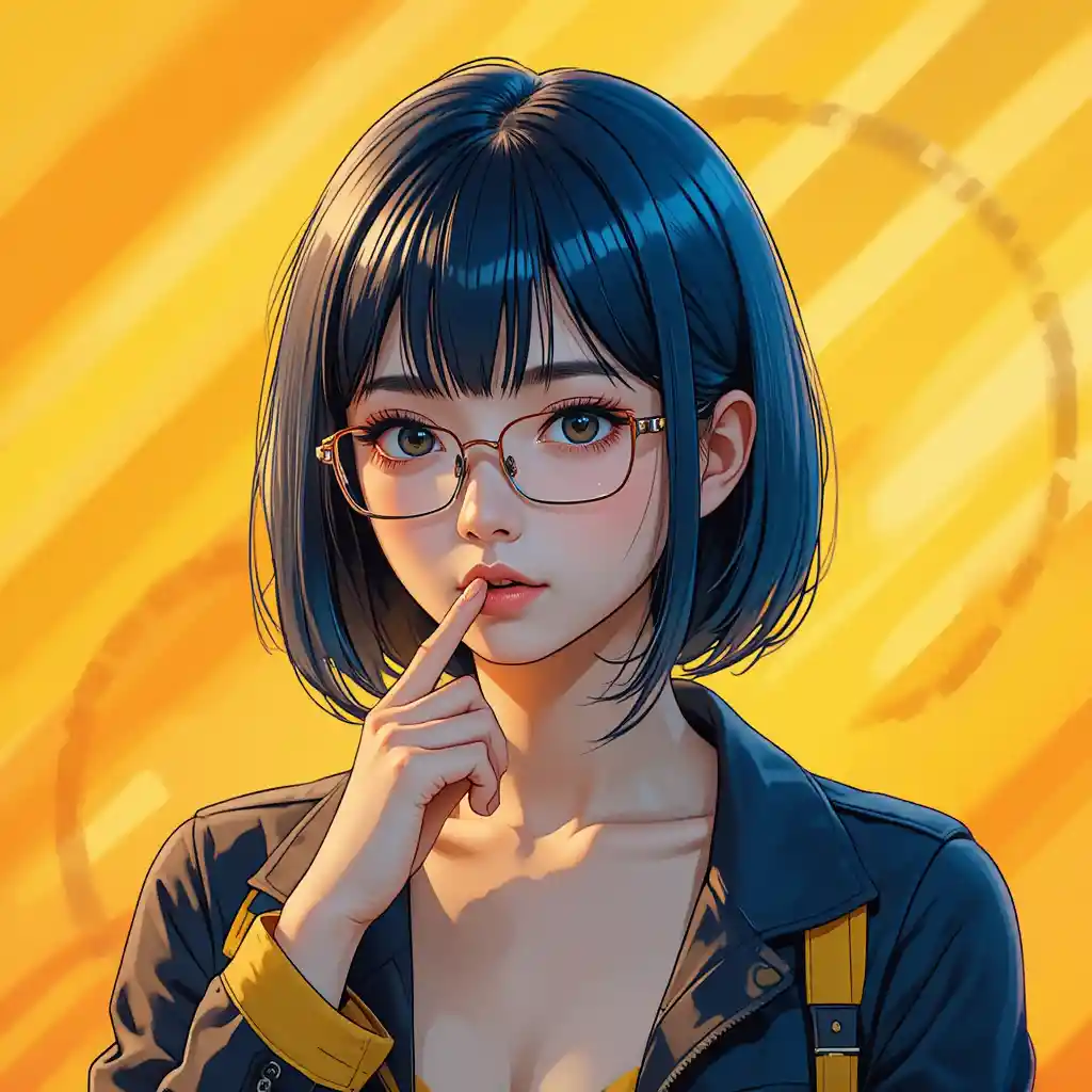 Anime girl portrait with glasses and thoughtful pose