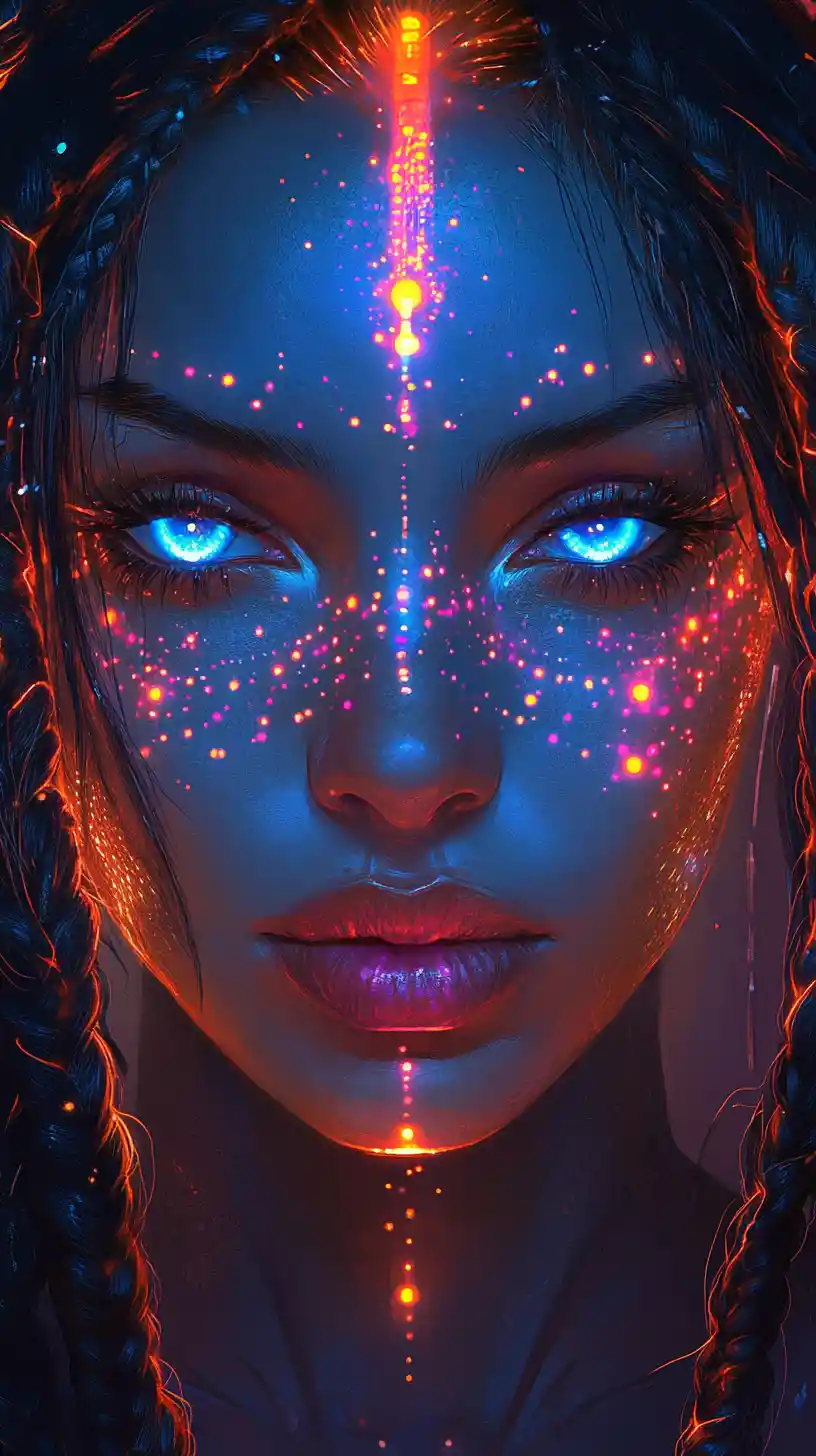 Ethereal Blue Woman With Neon Bioluminescent Face Markings