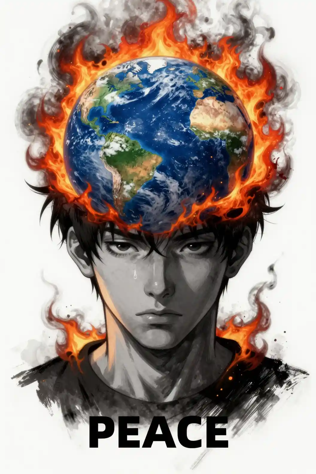 Retrato em anime de um homem com cabeça de globo em chamas