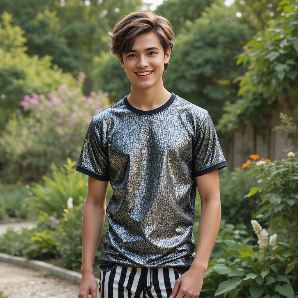 Giovane uomo sorridente con camicia argentata in piedi in giardino