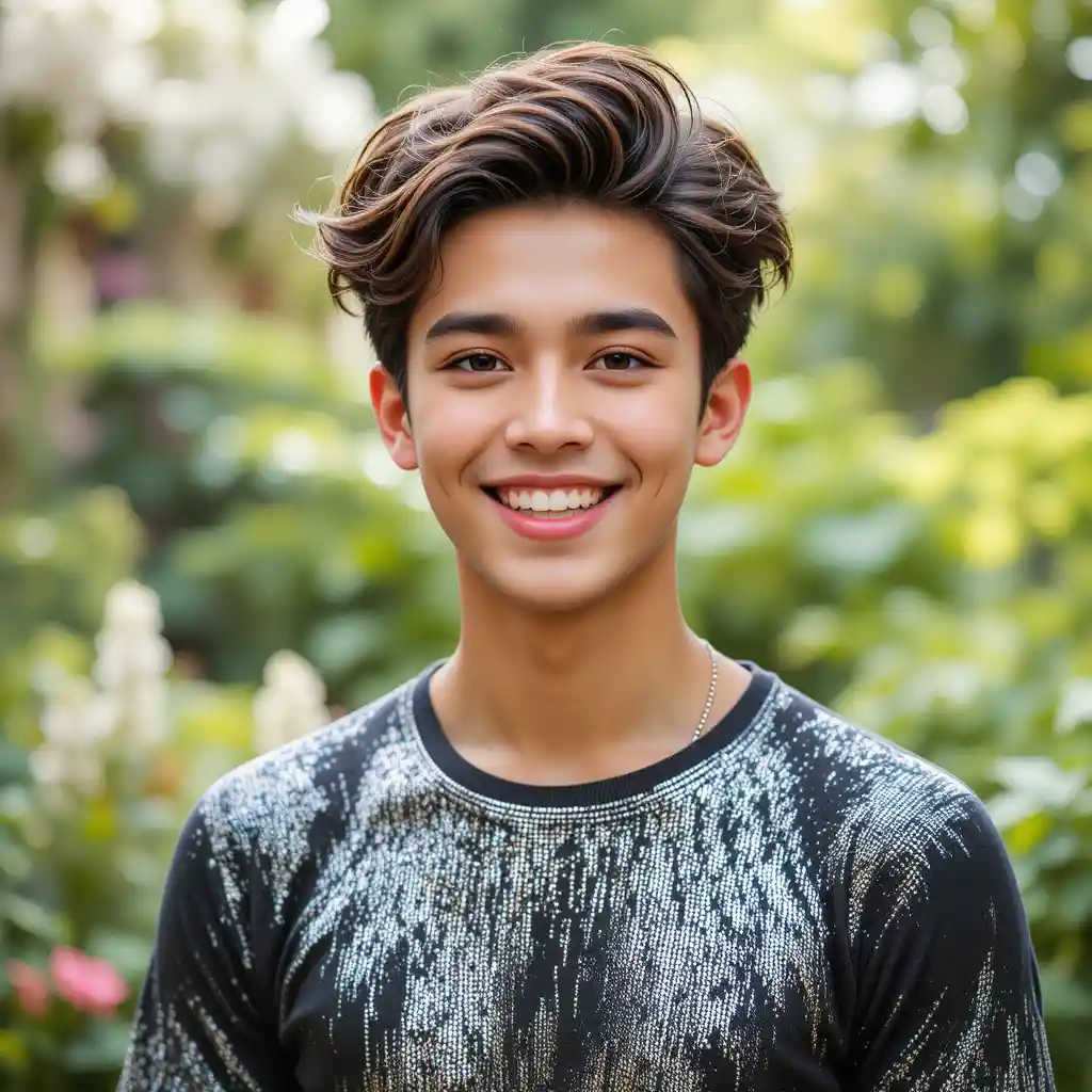 Jeune homme souriant dans un jardin portant un T-shirt à paillettes