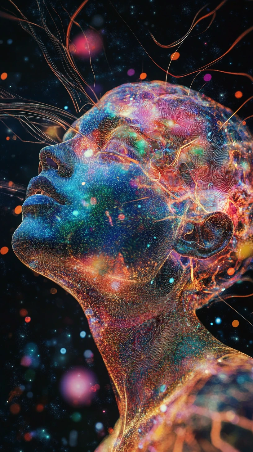 Holografisches menschliches Gehirn aus schimmernden digitalen Partikeln