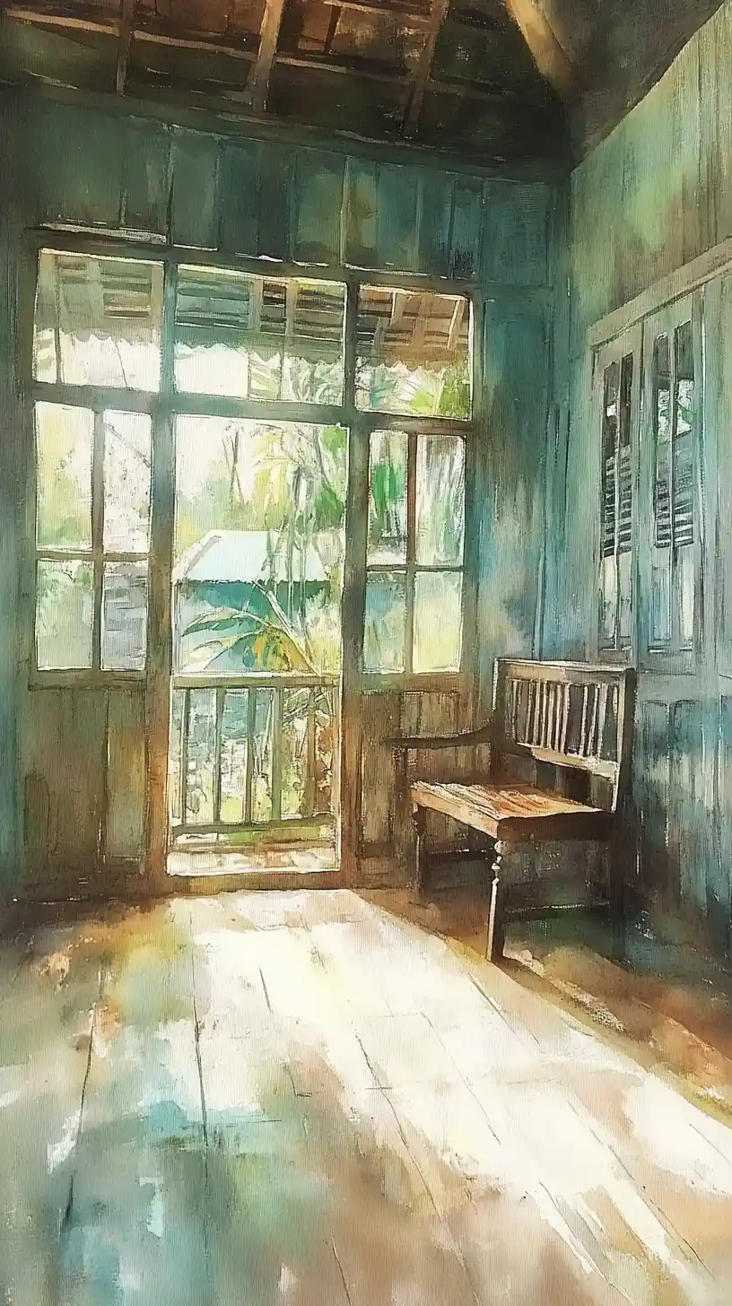 Morgendliches Aquarell eines friedlichen traditionellen malaiischen Holzhaus-Innenraums