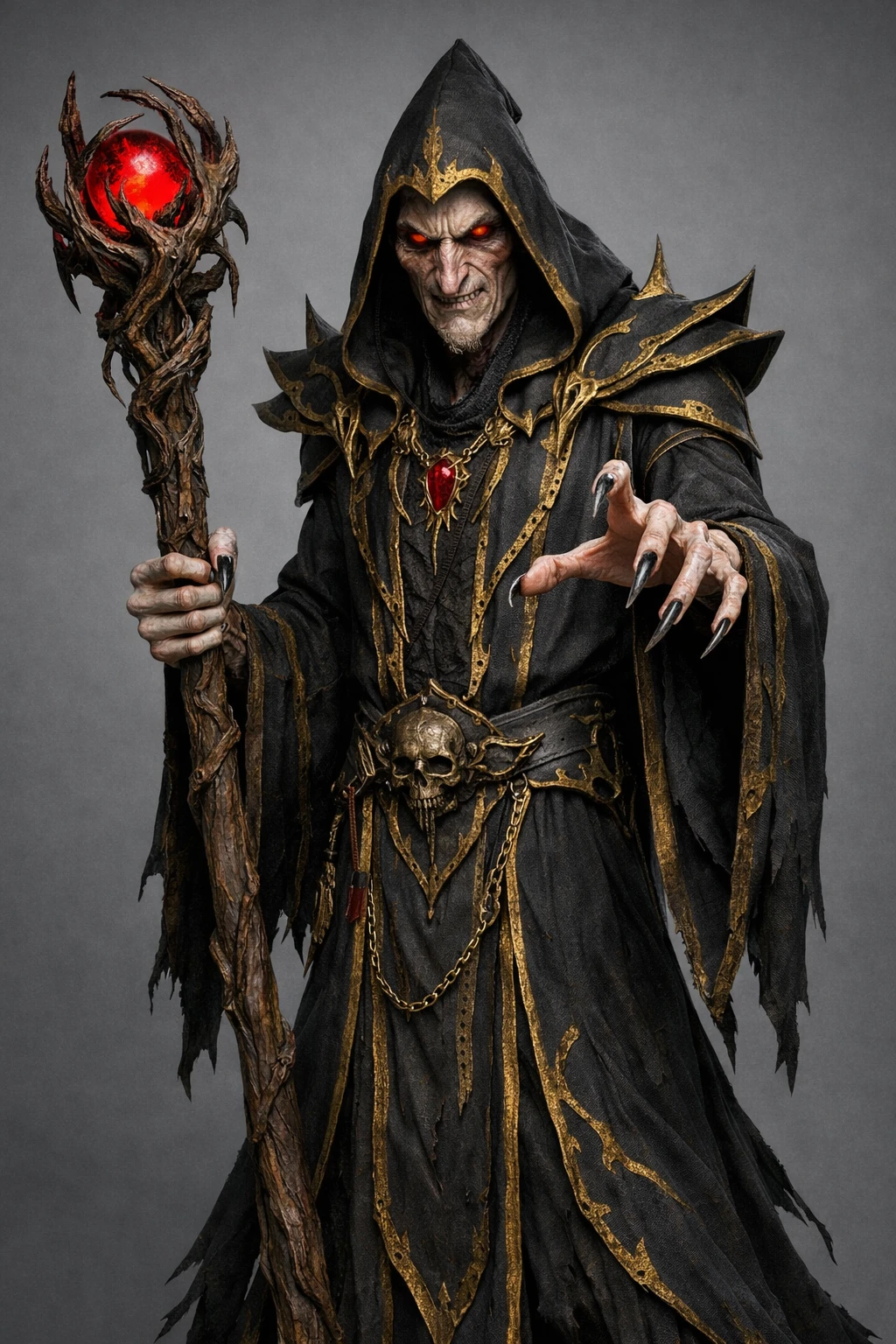 Mago 3D sinistro com garras e cajado de madeira retorcido