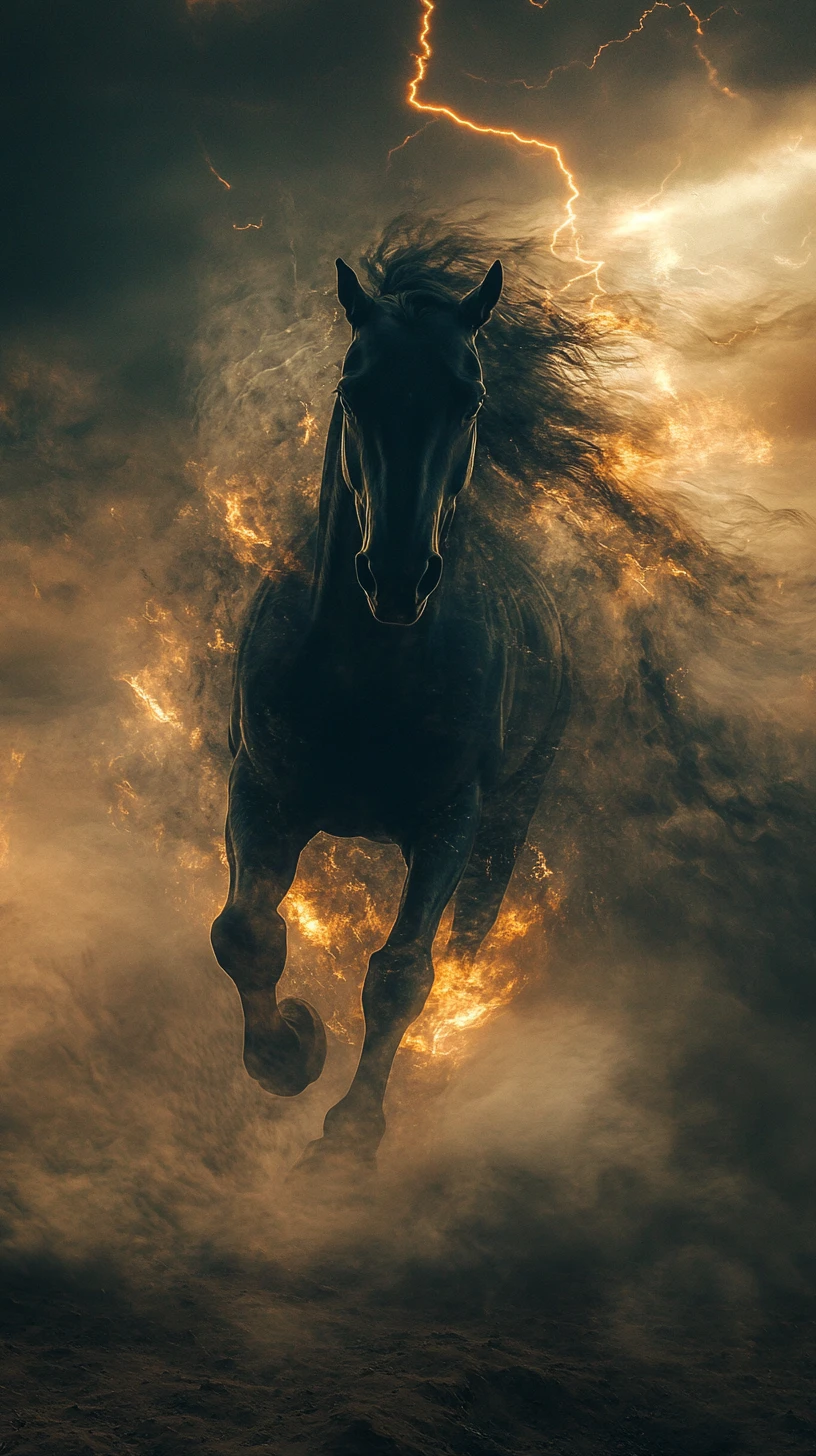 Spectral smoke horse galloping across a dark desert landscape