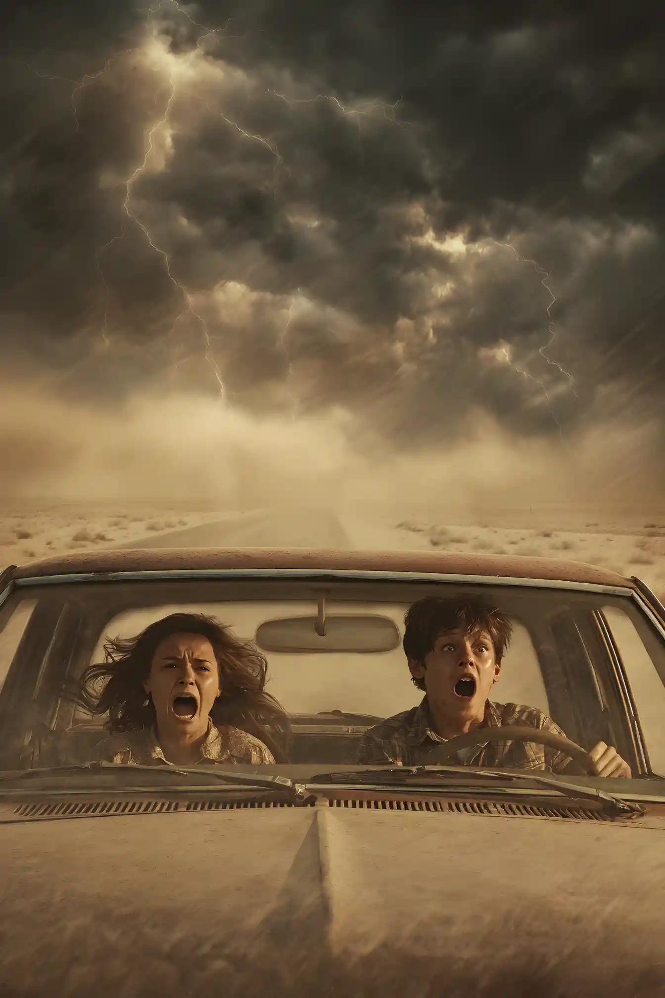 Duas mulheres dirigindo um carro vintage em uma estrada deserta sob tempestade
