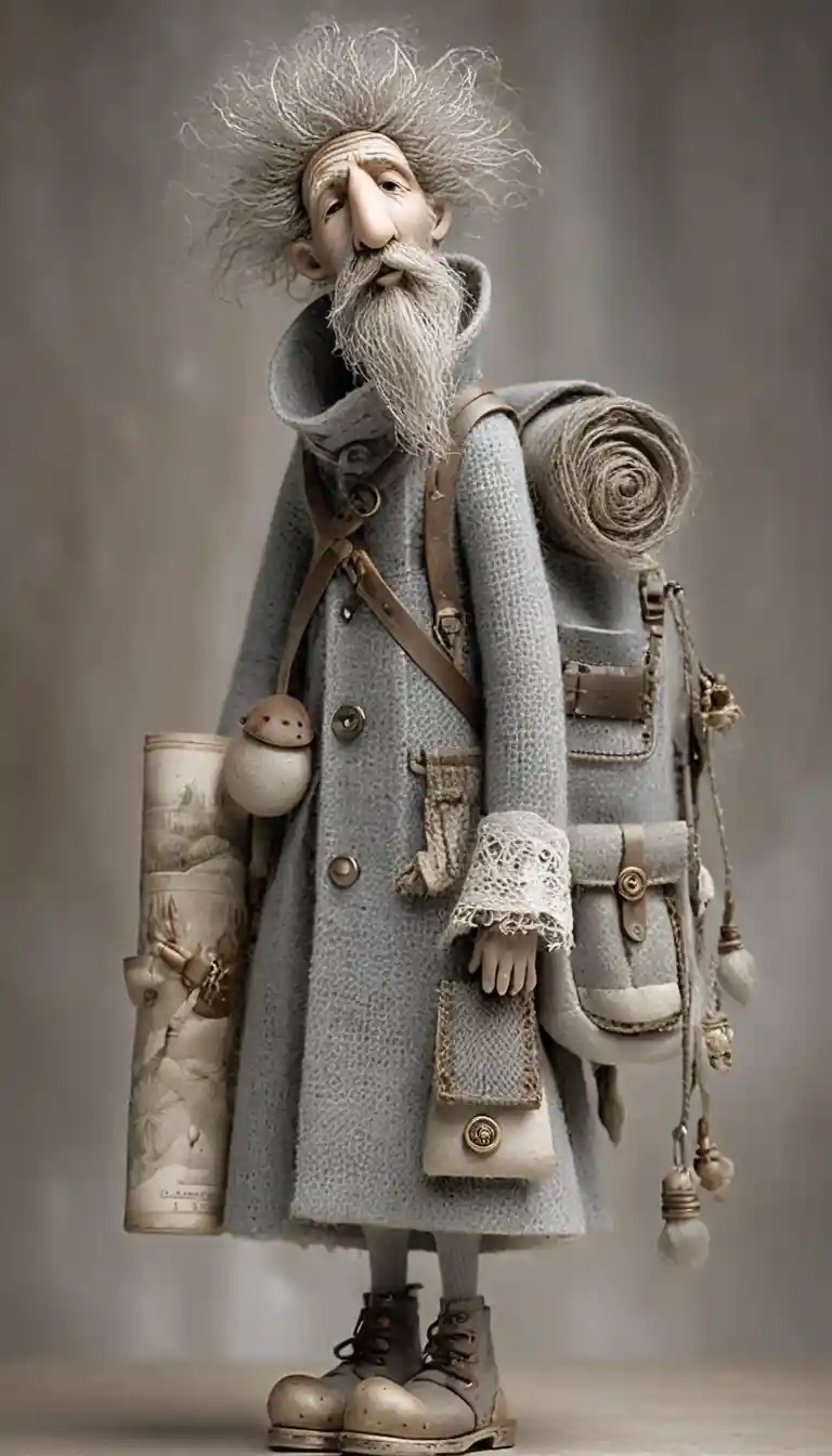 Boneco artístico de viajante de fantasia olhando para cima em retrato de estúdio