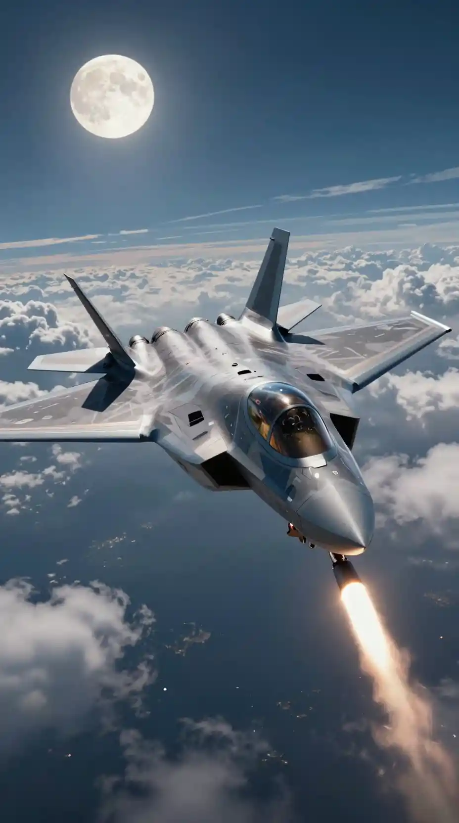 Caccia che lancia un missile in un drammatico cielo notturno illuminato dalla luna