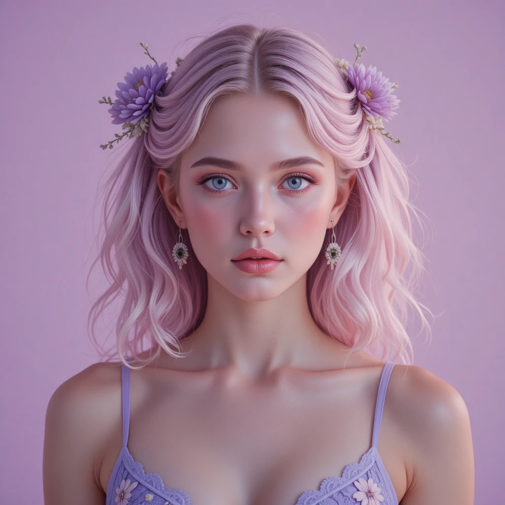 Retrato de mujer de cabello rosa con suave brillo cinematográfico de estudio