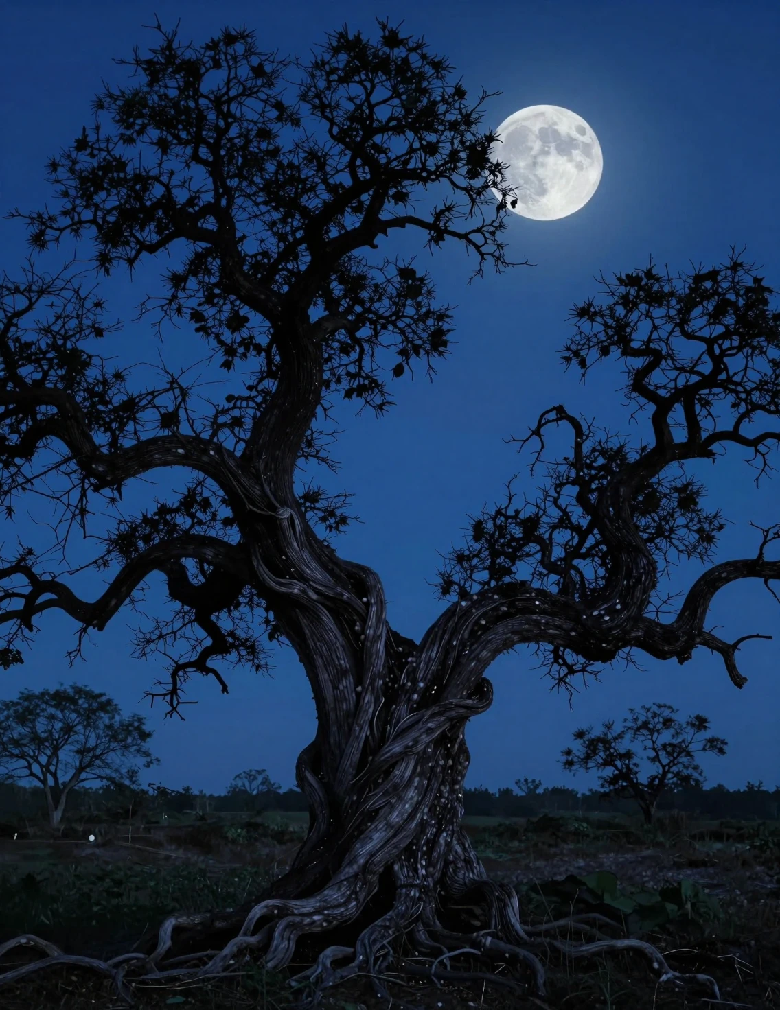 Surreal twisted tree under a deep blue moonlit sky