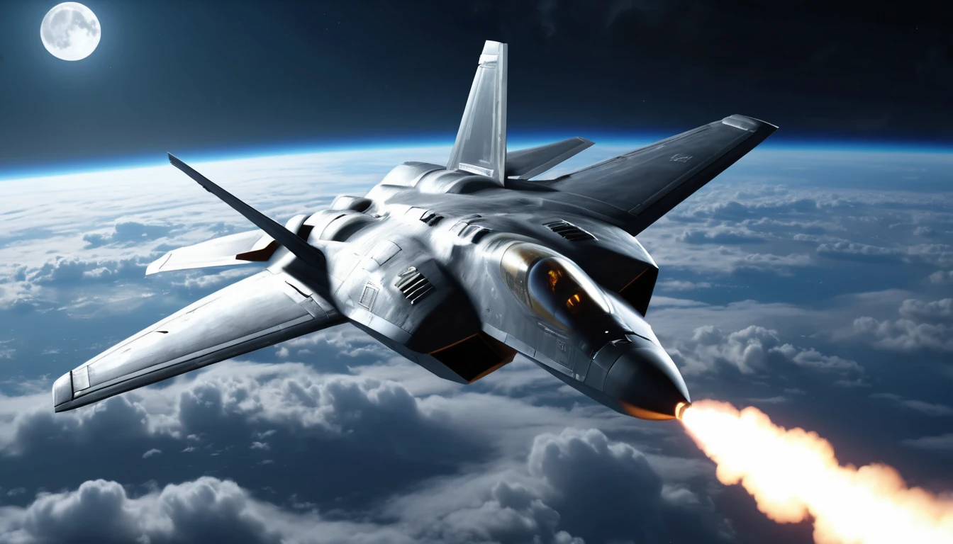 Caccia F-22 che lancia un missile nel cielo illuminato dalla luna