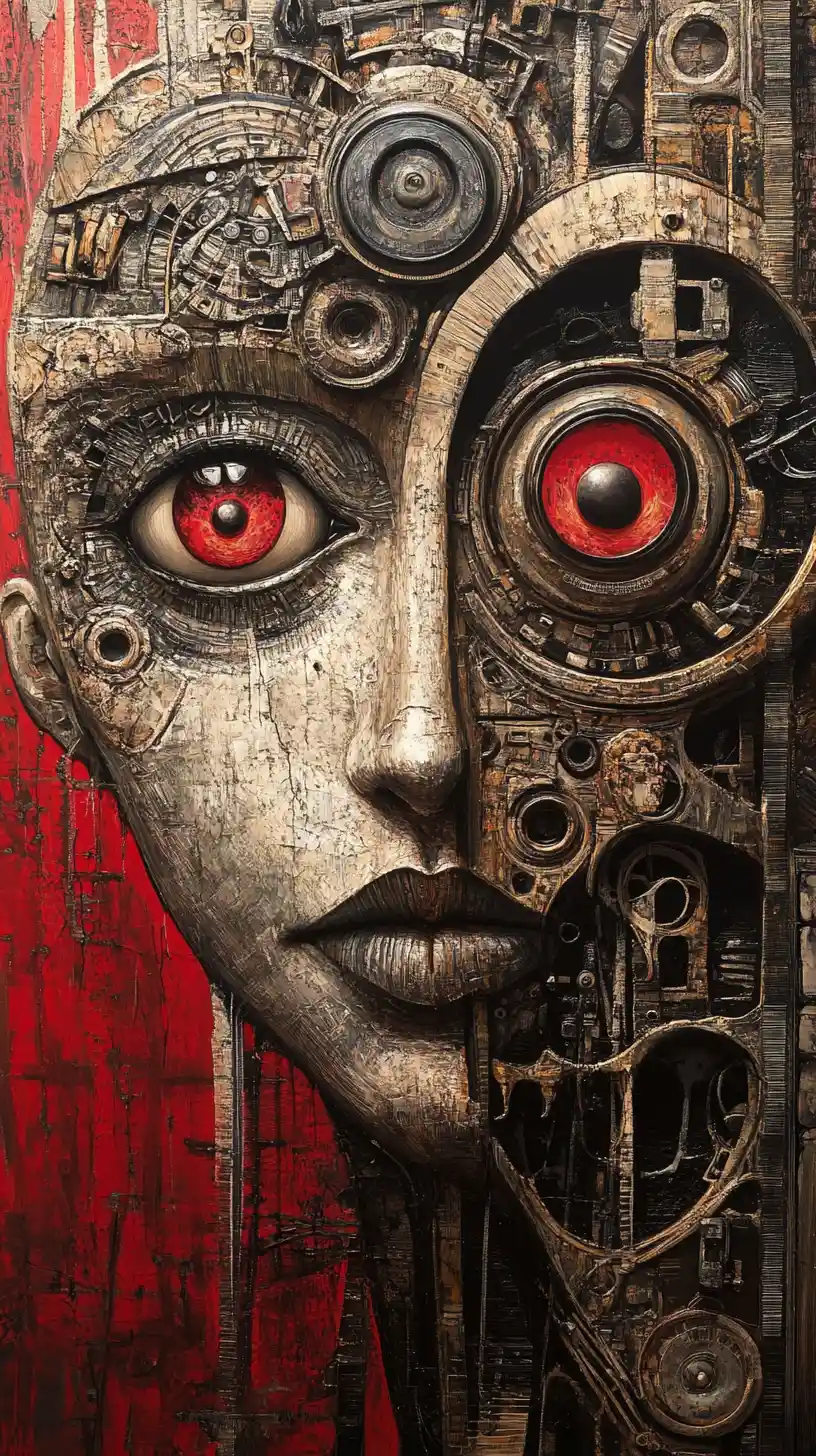 Surreales Mixed-Media-Gesicht mit großen abstrakten Augen