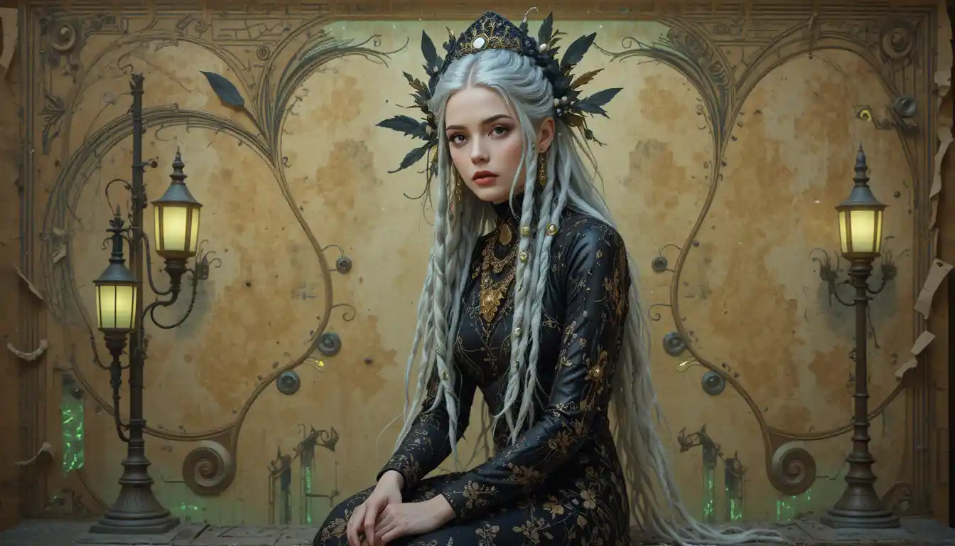 Regal fantasy woman with abstract leaves and glowing cubes