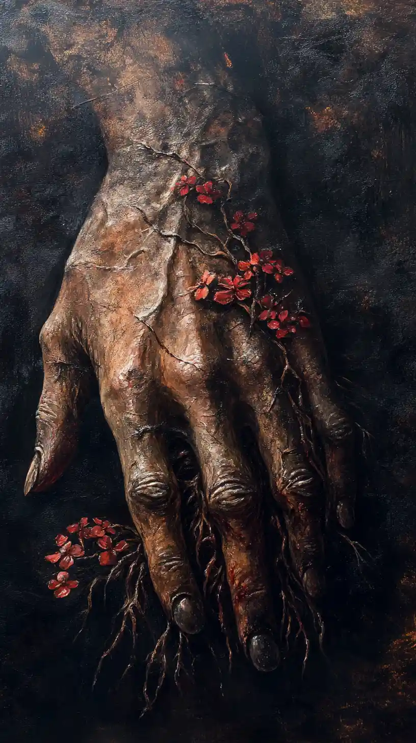 Versteinerte menschliche Hand, die sich in Wurzeln mit roten Blumen verwandelt