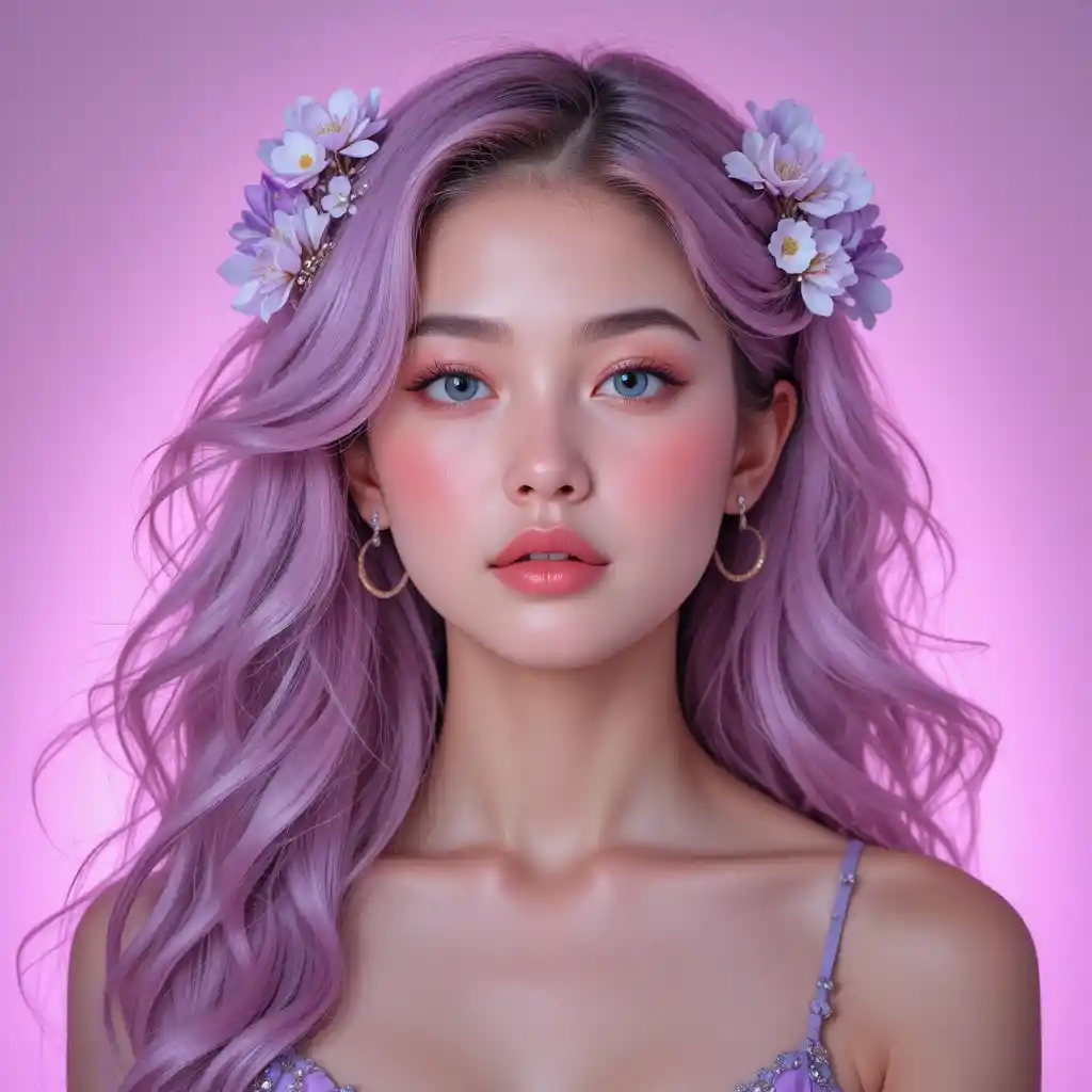 Ritratto di donna dai capelli rosa con dettagli floreali e luce soffusa
