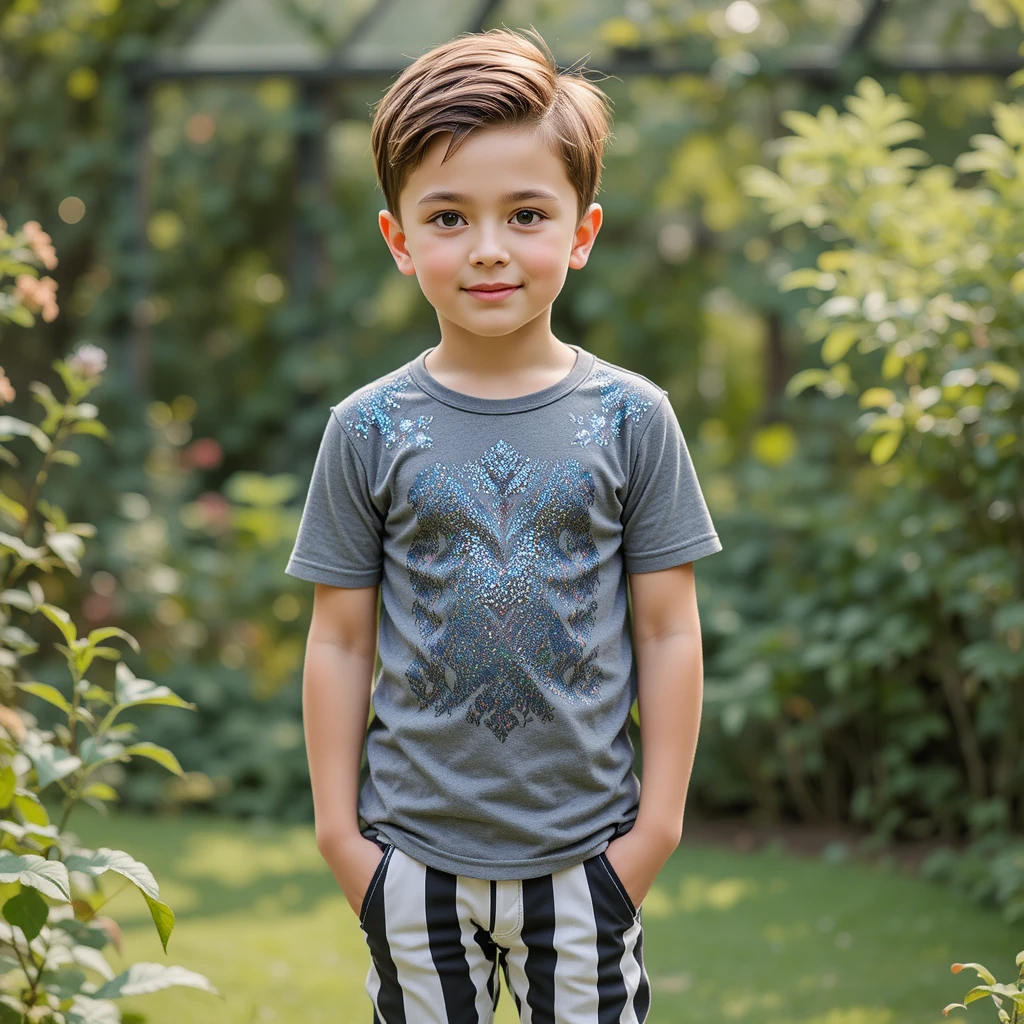 Menino em pé no jardim usando calça listrada e camisa cinza