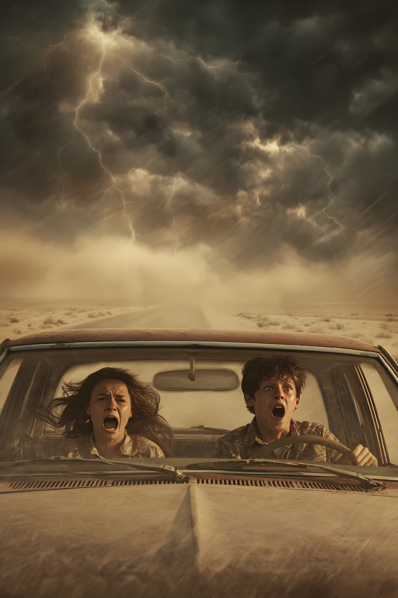 Duas mulheres dirigindo um carro vintage em uma estrada deserta sob tempestade