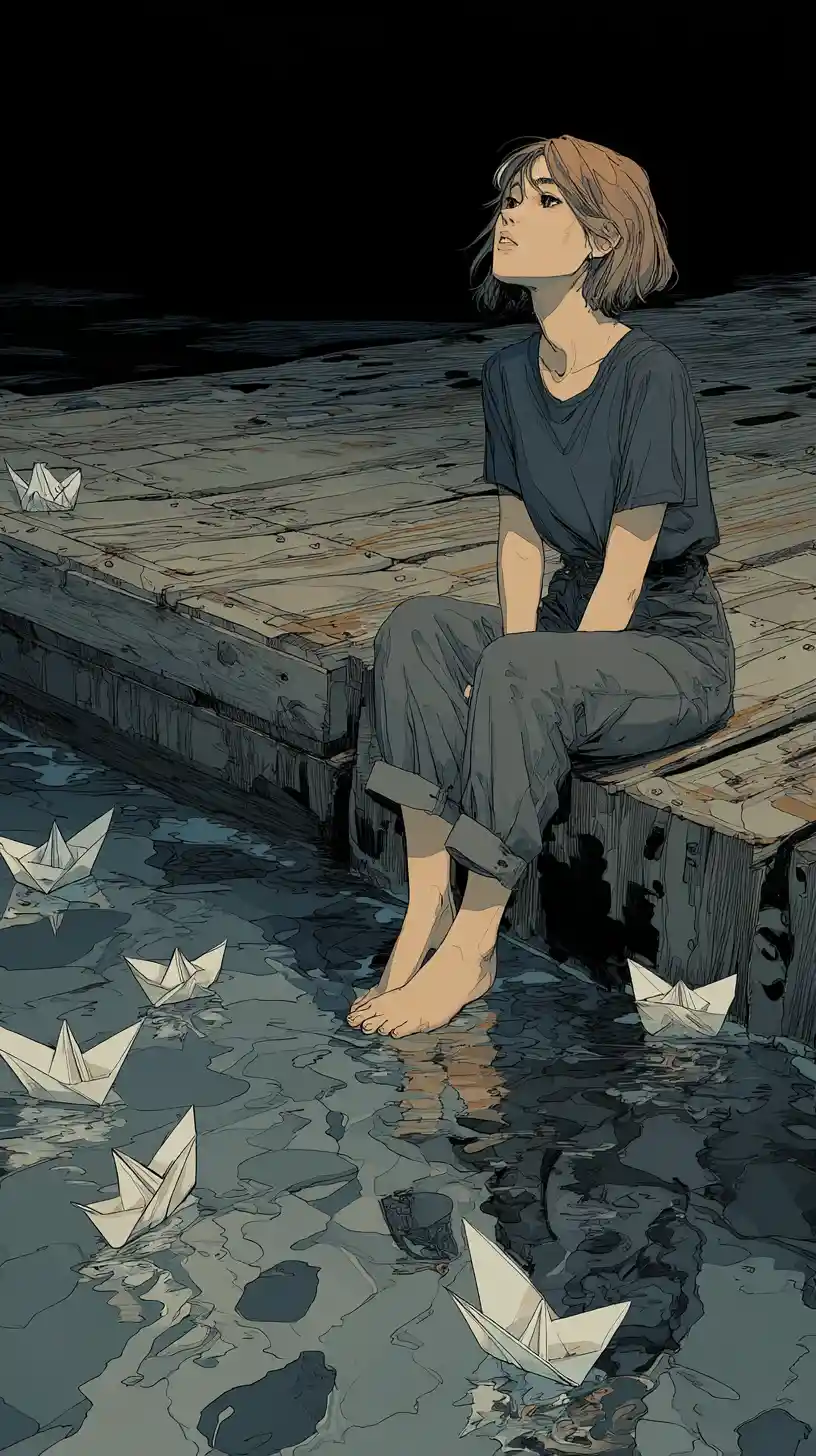 Young woman on wooden pier gazing over dark rippling water