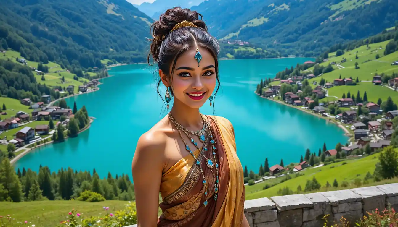 Joyful Indian woman in saree above alpine lakeside village