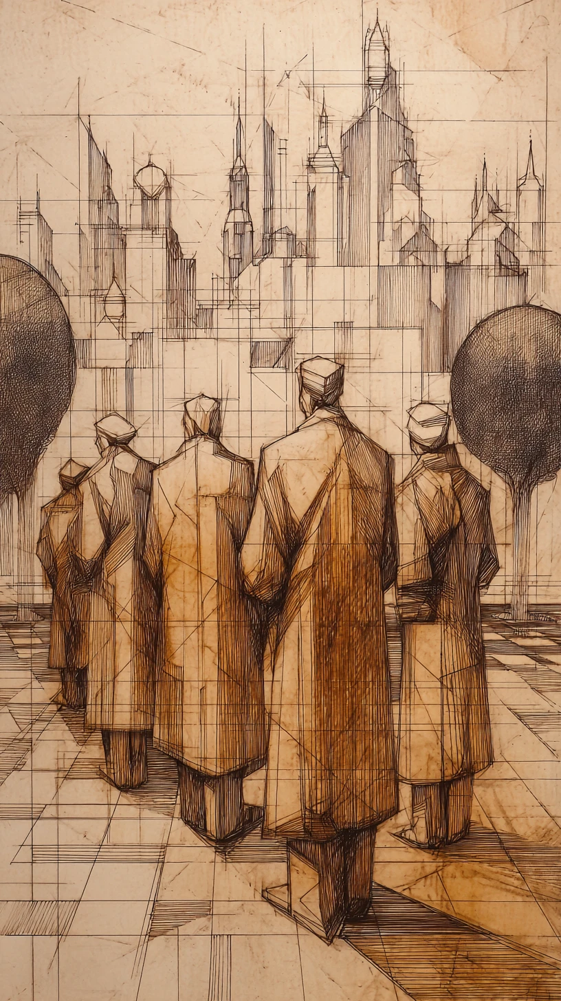 Multidão cubista em grafite diante de um skyline urbano fragmentado