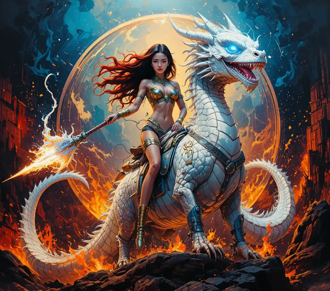 Dunkelhaariges Fantasy-Mädchen reitet einen weißen Drachen