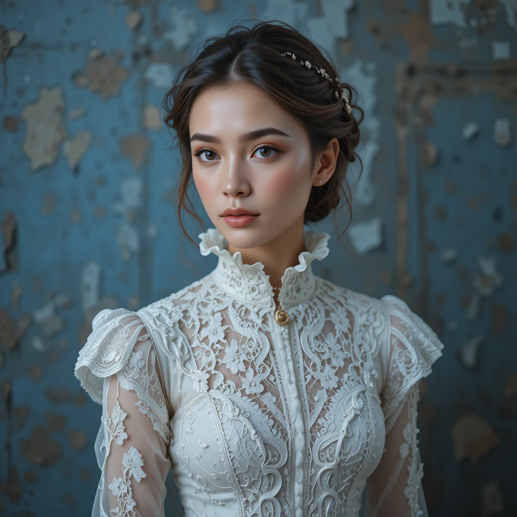 Victorian lace portrait of a young woman in white gown