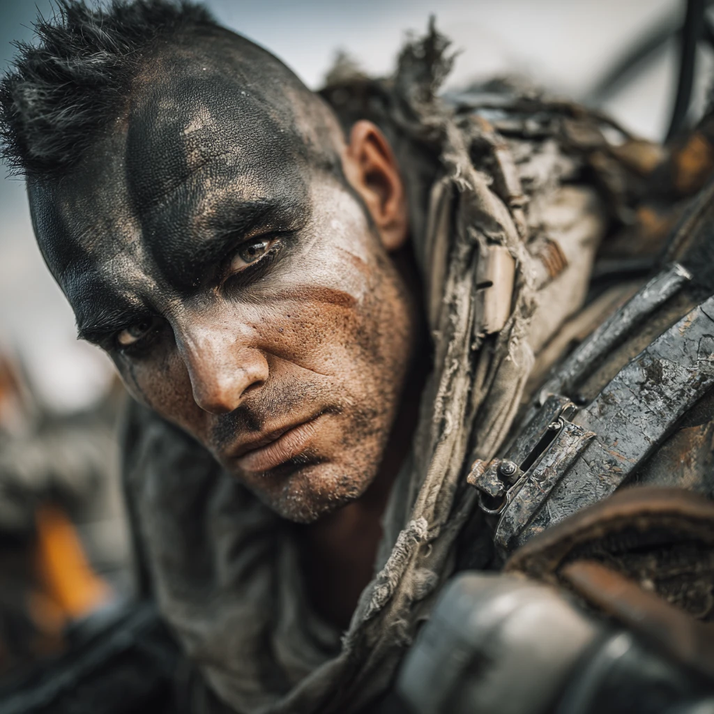 Mulher careca com braço mecânico em cena cinematográfica no deserto pós-apocalíptico