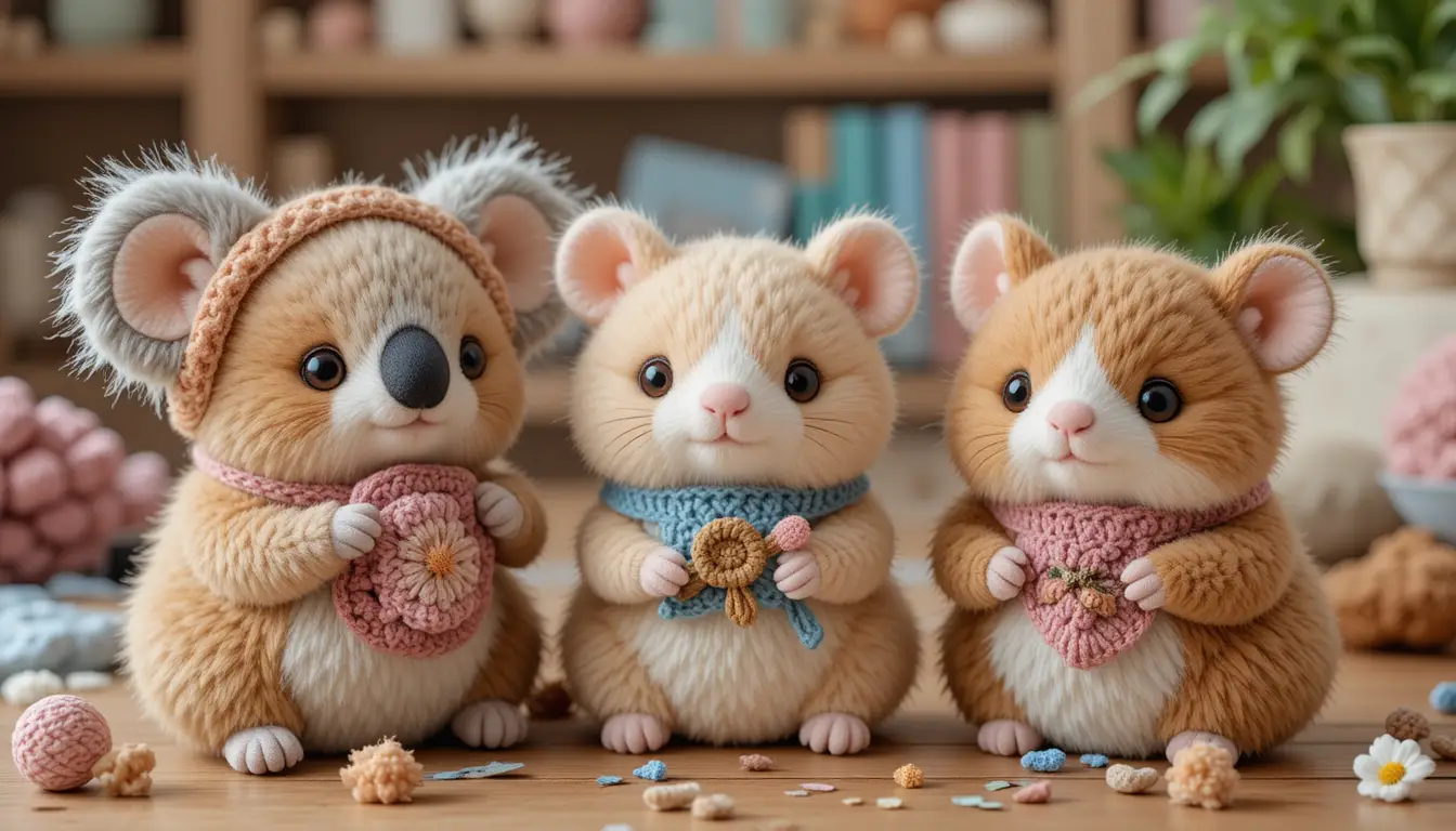 Cute plush animals with tiny crochet accessories in craft room