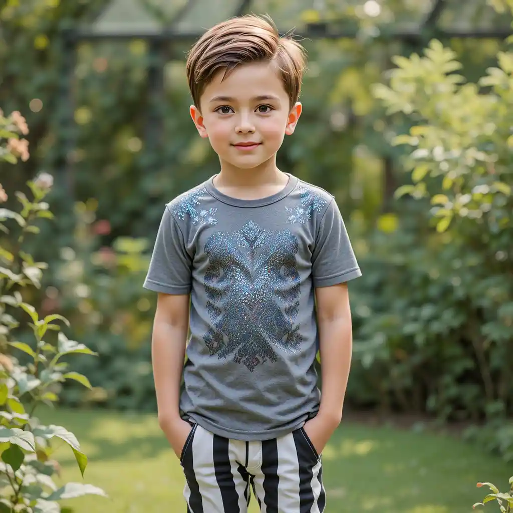 Boy standing in a garden wearing striped pants and gray shirt