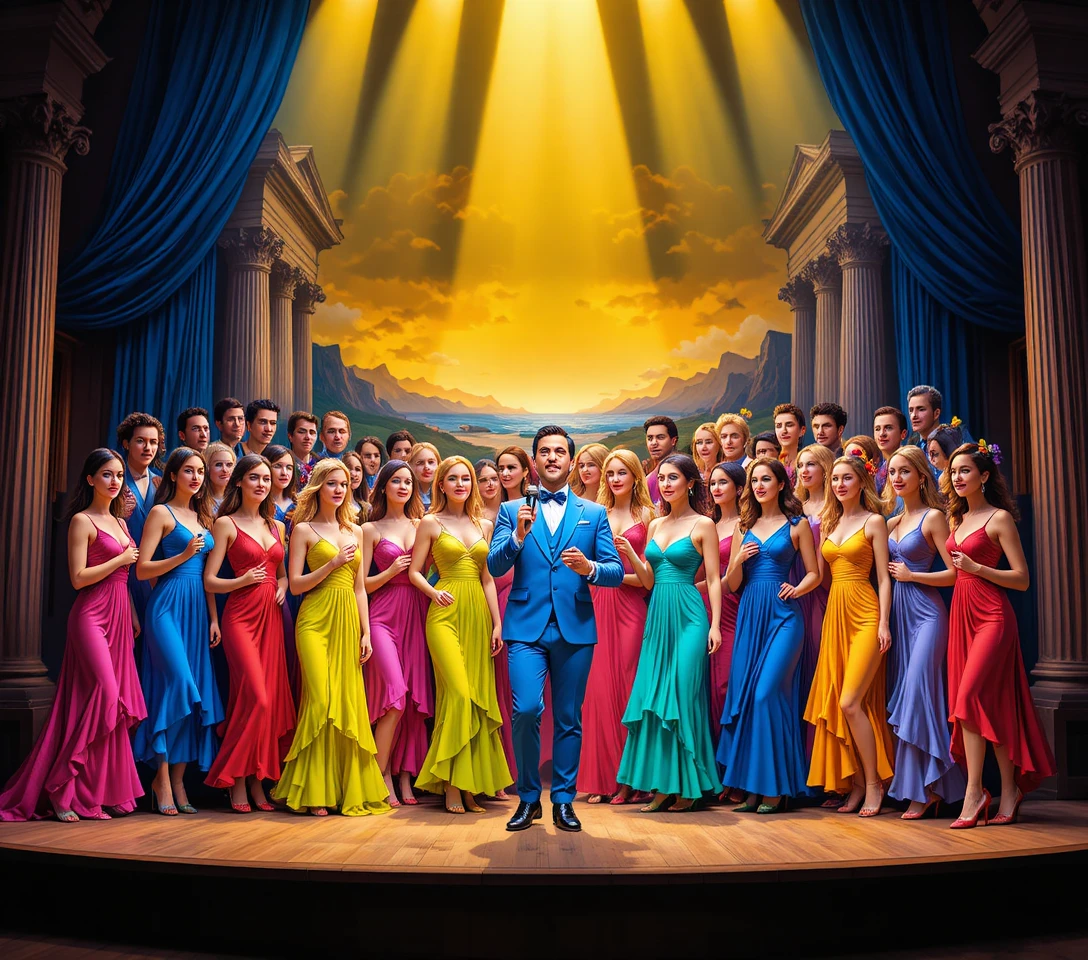 Colorful group performance on a bright theater stage