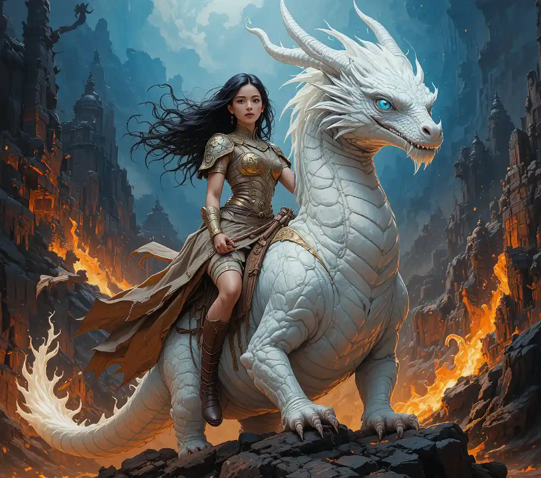 Ragazza cool che cavalca un drago bianco tra cieli vulcanici infuocati