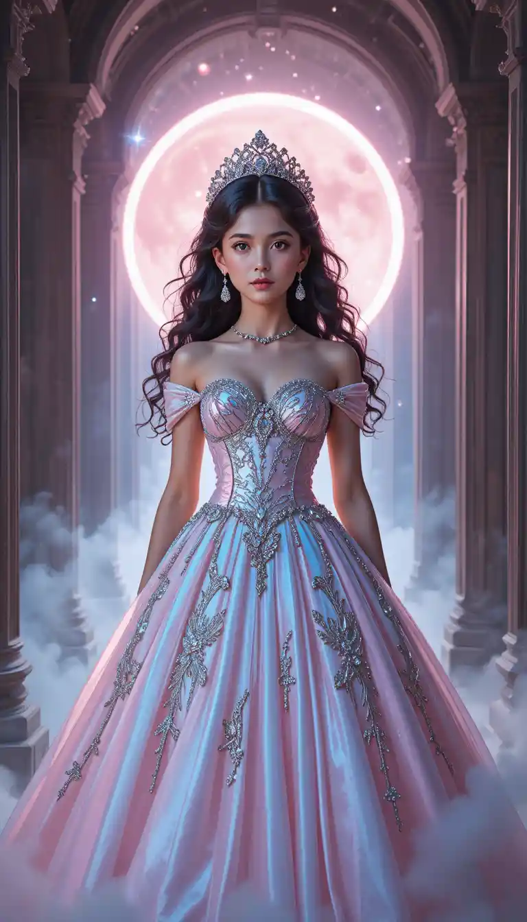 Young princess standing before a glowing celestial archway