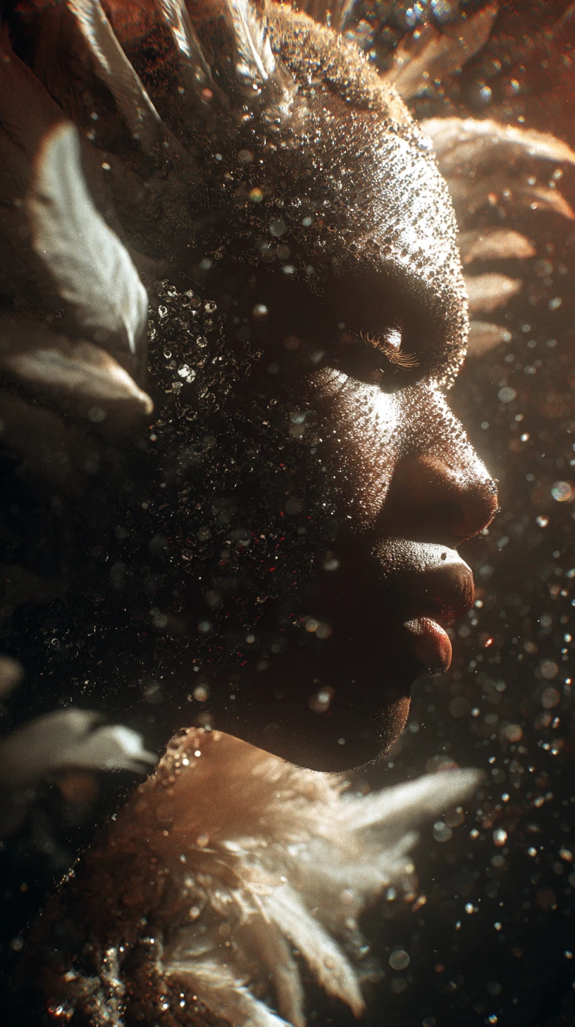 Afrofuturistic dark angel with wings in cosmic starlight