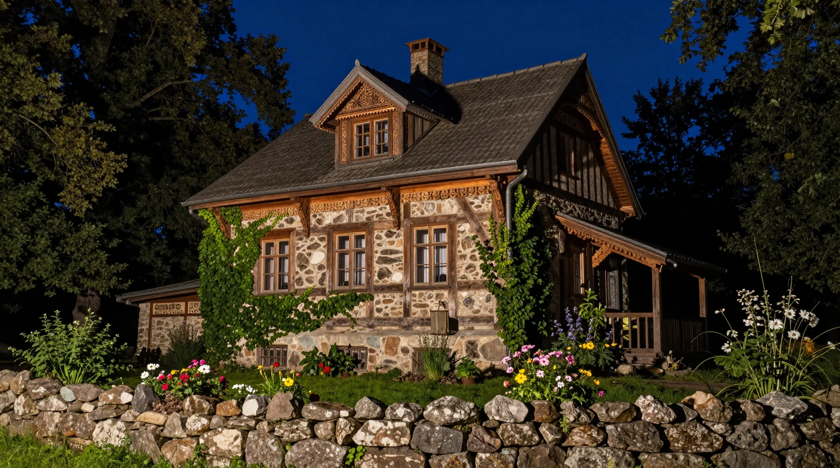 Antiga casa de pedra à noite ao lado de uma floresta tranquila