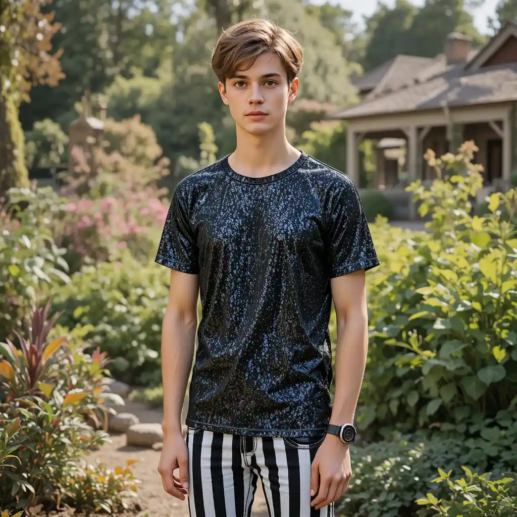 Young man in glitter shirt standing in a garden